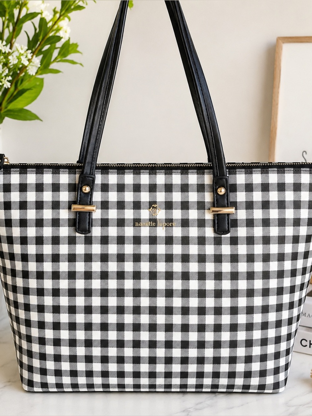 Nanette Lepore Black and White Gingham Tote with Gold Logo